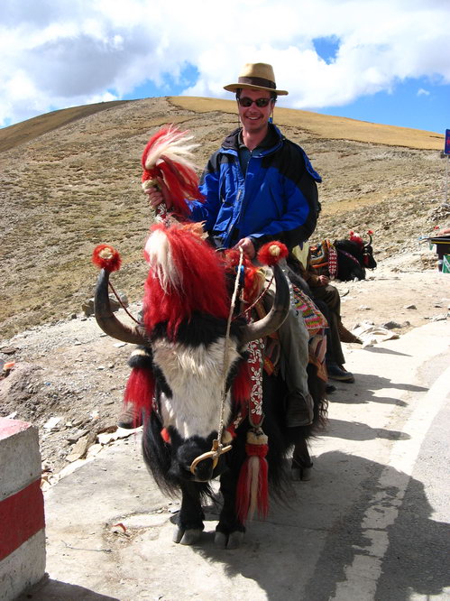 Glenn\'s joy of riding in cars drove him to continue the trip on this yak.